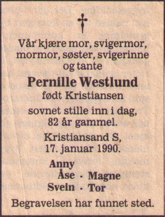 1990.01 - Pernille Westlund - Dødsannonse